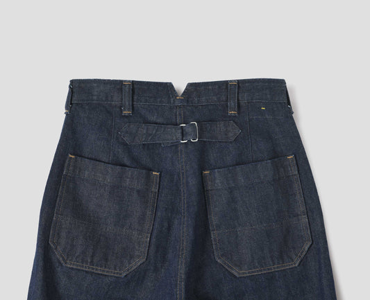 Dark blue jeans with belt loops, notched waistband and cinch on back, patch back pockets. Back flat lay view.