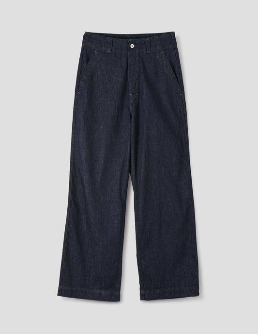 Indigo blue wide leg light denim twill jean, with metal button closure, button through waistband and slant side pockets. Front flat lay view.