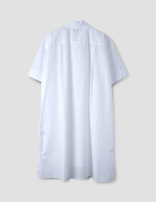 White lightweight cotton short sleeve nightshirt with side split hem with longer back and hanger loop on back yoke. Back flat lay view.