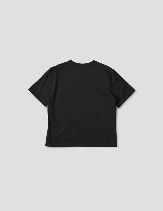 Black cotton short sleeve t-shirt with boxy cut, back flat lay view.