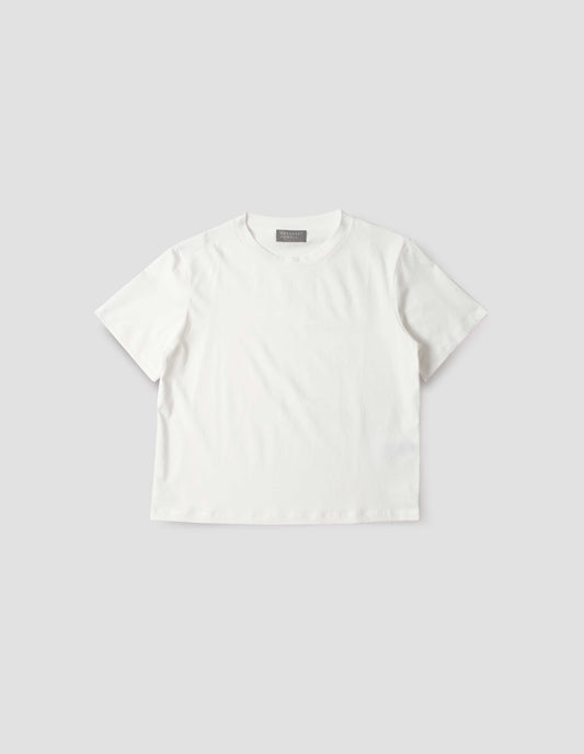 White jersey t-shirt with crew neck. Front flat lay view.
