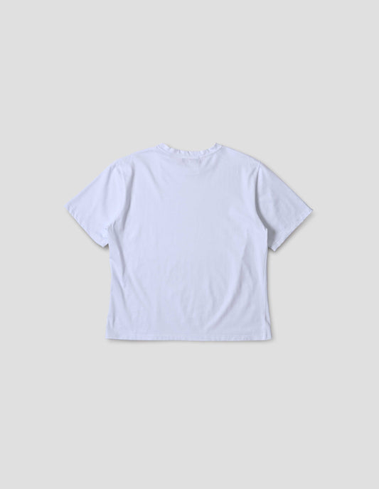 Off white cotton short sleeve t-shirt with boxy cut, back flat lay view.