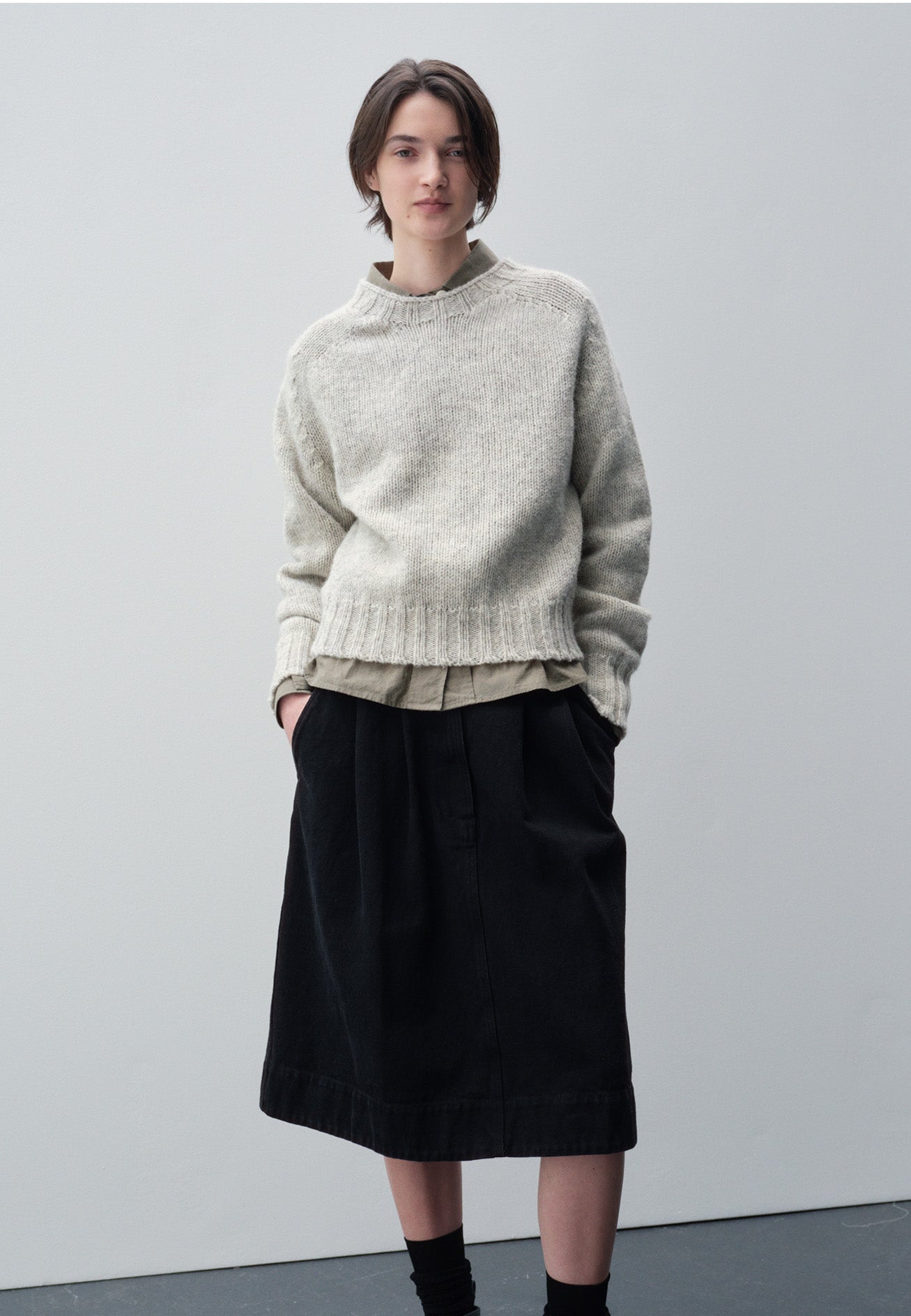 Black cotton denim Double Pleat Skirt | MHL. by Margaret Howell