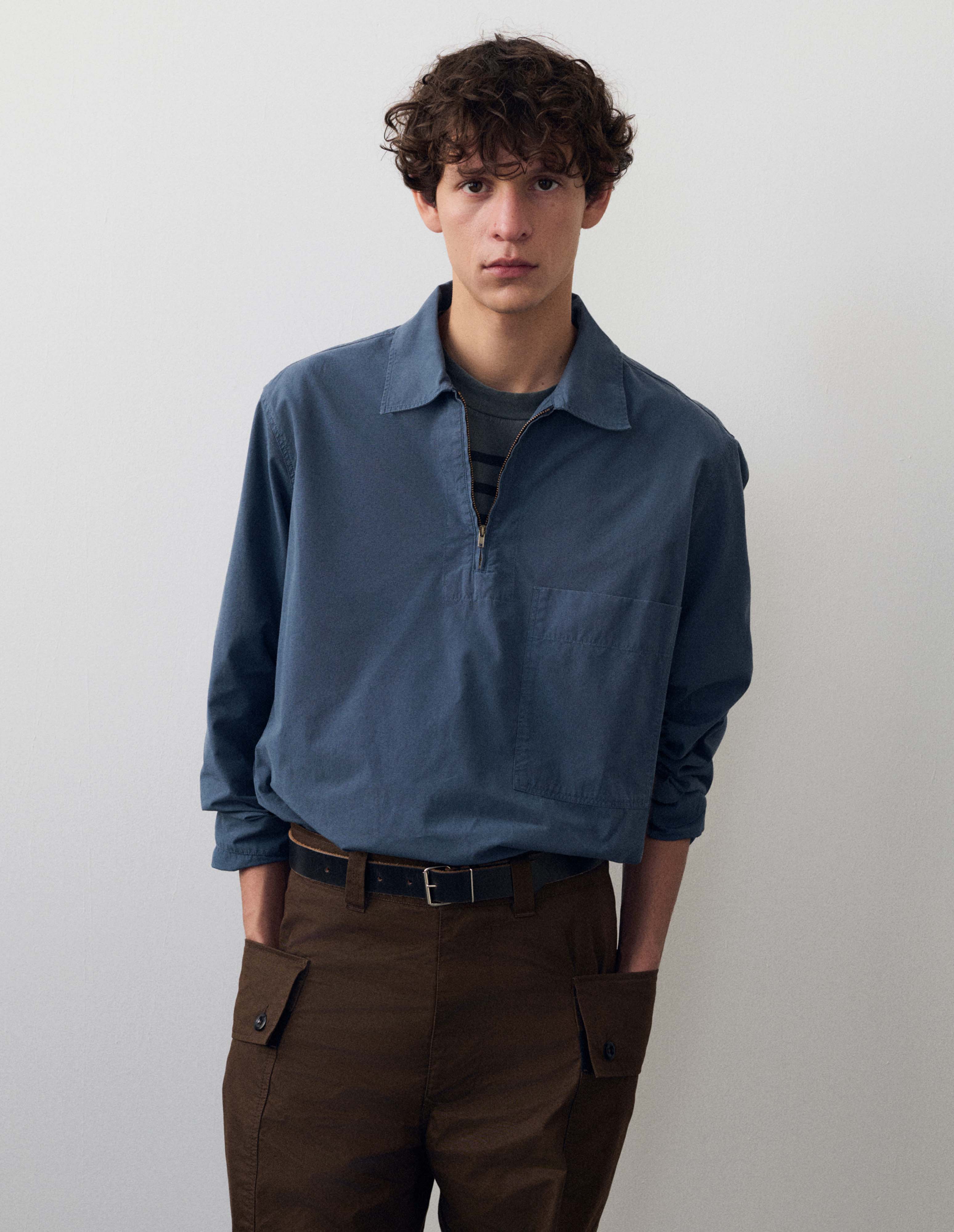 Uniform blue cotton Long Sleeve Half Zip Pull On Shirt | MHL. by